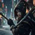 Mysterious beautiful armed kunoichi ninja wearing eyeliner and gold jewelry in the dark snowy streets of tokyo, 8k, Intricate Details, Trending on Artstation, Beautiful, Stunning, Centered by Stanley Artgerm Lau, WLOP