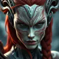 Alluring matte portrait of Star Craft's beautiful red haired Sarah Kerrigan alien Protoss, 8k, Highly Detailed, Intricate, Half Body, Realistic, Sharp Focus, Volumetric Lighting, Fantasy, Elegant by Stanley Artgerm Lau, WLOP, Stefan Kostic