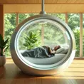 Futuristic sleeping relax pod, transparent orb, plants, natural daytime lighting, natural wooden environment, flat design, product-view, 8k, Futuristic, Sci-Fi, Natural Light