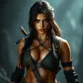 Alluring full body portrait of a beautiful Lara Croft ready for battle, 8k, Highly Detailed, Intricate, Photo Realistic, Sharp Focus, Volumetric Lighting, Fantasy, Elegant