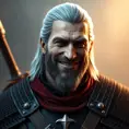 A half body matte portrait of a smiling Geralt in The Witcher 3 style armor, 4k, Highly Detailed, Beautiful, Cinematic Lighting, Sharp Focus, Volumetric Lighting, Closeup Portrait, Concept Art by Stefan Kostic