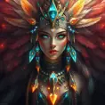 A visionary painting of a single alluring electronic mystical tribal goddess surrounded by feathers and gemstones, 8k, Highly Detailed, Intricate, Artstation, Matte Painting, Sharp Focus, Volumetric Lighting, Concept Art by Stanley Artgerm Lau, Greg Rutkowski