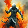 White Assassin emerging from a firey fog of battle, ink splash, Highly Detailed, Vibrant Colors, Ink Art, Fantasy, Dark by Stanley Artgerm Lau