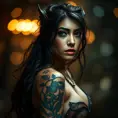 A half body portrait of a beautiful Nidalee with tattoos, Alluring, Half Body, Bokeh effect, Photo Realistic, Sharp Focus, Volumetric Lighting