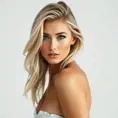 Alluring half body portrait of a stunningly beautiful blonde model with a white model shoot background, Half Body, Photo Realistic, Glamour Shot