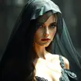 An alluring beautiful veiled Yennefer wearing a black veil, Intricate, Half Body, Volumetric Lighting, Elegant