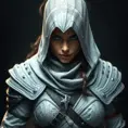 Alluring matte portrait of a fierce looking Kassandra in white Assassin's Creed armor, 8k, Highly Detailed, Intricate, Half Body, Realistic, Sharp Focus, Volumetric Lighting, Fantasy, Elegant