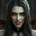 A beautiful romanian vampire woman with penetrating red bright eyes, long fangs, perfect face, 8k, Hyper Detailed, Intricate Details, Masterpiece, Contemporary, Full Body, Trending on Artstation, Gothic, Deviantart, Concept Art by Stefan Kostic