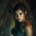 Matte portrait of a beautiful Lara Croft in a cave with arrows, 8k, Highly Detailed, Intricate, Realistic, Sharp Focus, Volumetric Lighting, Fantasy, Elegant by Stanley Artgerm Lau, WLOP