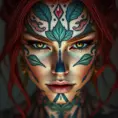 Closeup matte portrait of a tattooed Poison Ivy, symmetrical face, 8k, Highly Detailed, Intricate, Artstation, Matte Painting, Sharp Focus, Concept Art by Stanley Artgerm Lau, Greg Rutkowski