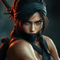 Matte portrait of the beautiful Lara Croft as a ninja, 8k, Highly Detailed, Intricate, Realistic, Sharp Focus, Volumetric Lighting, Fantasy, Elegant by Stanley Artgerm Lau, WLOP, Stefan Kostic