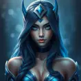 Alluring portrait of a beautiful Irelia from League of Legends in Blue, Highly Detailed, Half Body, Bokeh effect, Photo Realistic, Sharp Focus by Stefan Kostic