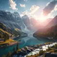 Lake in mountains streams and rivers flow down slopes of mountains and rocks into the valley spring in mountains, 8k, Award-Winning, Highly Detailed, Beautiful, Octane Render, Unreal Engine, Radiant, Volumetric Lighting by Greg Rutkowski