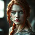 Close up of a red haired Sarah Kerrigan with tattoos, 8k, Highly Detailed, Artstation, Bokeh effect, Sharp Focus, Volumetric Lighting, Concept Art by Stanley Artgerm Lau, Greg Rutkowski