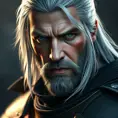 A half body matte portrait of a content Geralt in The Witcher 3 style armor, 4k, Highly Detailed, Beautiful, Cinematic Lighting, Sharp Focus, Volumetric Lighting, Closeup Portrait, Concept Art by Stefan Kostic