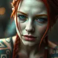 Close up of a red haired Sarah Kerrigan with tattoos, 8k, Highly Detailed, Artstation, Bokeh effect, Sharp Focus, Volumetric Lighting, Concept Art by Stanley Artgerm Lau, Greg Rutkowski