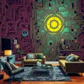 Imagine a modern and technology-inspired living room with a unique twist. The centerpiece of the room is a striking circuit board interior wallpaper that covers one wall. The wallpaper features intricate circuit board diagrams, electronic symbols, and vibrant metallic tones, Vintage Illustration, Retro-Futurism, Sci-Fi by Stefan Kostic