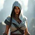 An athletic Kassandra wearing a white hood in full Assassin's Creed style, Highly Detailed, Half Body, Sharp Focus, Volumetric Lighting