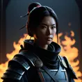 Silhouette of a samurai female assassin in the style of Fire watch, 8k, Dystopian, Trending on Artstation, Volumetric Lighting