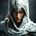 Alluring matte portrait of a fierce looking Kassandra in white Assassin's Creed armor, 8k, Highly Detailed, Intricate, Half Body, Realistic, Sharp Focus, Volumetric Lighting, Fantasy, Elegant