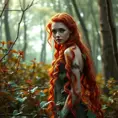 An alluring beautiful red headed Poison Ivy in a magical forest, Intricate, Full Body, Photo Realistic