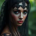 A beautiful veiled Nidalee wearing a lacy black veil, perfect face, Intricate, Half Body, Volumetric Lighting