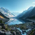 Lake in mountains streams and rivers flow down slopes of mountains and rocks into the valley spring in mountains, 8k, Award-Winning, Highly Detailed, Beautiful, Octane Render, Unreal Engine, Radiant, Volumetric Lighting by Greg Rutkowski