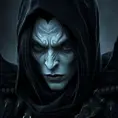 Intricate portrait of a horrifying pale assassin dusk elf, black hair, black eyes, fully covering black hooded armor, ravens, 8k, Gothic and Fantasy, Beautiful, Sci-Fi, Photo Realistic