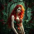 An alluring beautiful red headed Poison Ivy in a magical forest, Intricate, Full Body, Photo Realistic