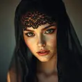 A beautiful veiled Nidalee wearing a lacy black veil, perfect face, Intricate, Half Body, Volumetric Lighting