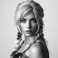 Alluring black and white matte portrait of a beautiful Ciri with a white background, 8k, Highly Detailed, Intricate, Half Body, Realistic, Sharp Focus, Volumetric Lighting, Fantasy, Elegant by Stanley Artgerm Lau