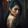 A half body portrait of a beautiful Cassandra Cain with tattoos, Alluring, Half Body, Bokeh effect, Photo Realistic, Sharp Focus, Volumetric Lighting