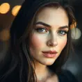 Close up matte portrait of a stunningly beautiful woman, Half Body, Bokeh effect, Photo Realistic, Volumetric Lighting