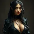 Alluring matte full body portrait of a beautiful Irelia wearing black leather, 8k, Highly Detailed, Intricate, Realistic, Sharp Focus, Volumetric Lighting, Fantasy, Elegant by Stanley Artgerm Lau, WLOP