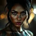 Matte portrait of Nidalee with tattoos, Highly Detailed, Alluring, Bokeh effect, Photo Realistic, Sharp Focus, Volumetric Lighting