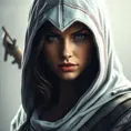 A beautiful Kassandra wearing a white hood in full Assassin's Creed style, Highly Detailed, Half Body, Sharp Focus, Volumetric Lighting