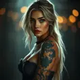 A half body portrait of a beautiful Ciri with tattoos, Alluring, Half Body, Bokeh effect, Photo Realistic, Sharp Focus, Volumetric Lighting