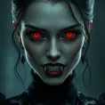 A beautiful romanian vampire woman with penetrating red bright eyes, long fangs, perfect face, 8k, Hyper Detailed, Intricate Details, Masterpiece, Contemporary, Full Body, Trending on Artstation, Gothic, Deviantart, Concept Art by Stefan Kostic