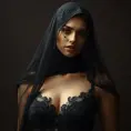 An alluring beautiful veiled Kassandra wearing a black veil, Intricate, Half Body, Volumetric Lighting, Elegant