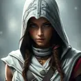 A beautiful Kassandra in white Assassin's Creed style, Highly Detailed, Half Body, Sharp Focus, Volumetric Lighting