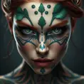 Closeup matte portrait of a tattooed Poison Ivy, symmetrical face, 8k, Highly Detailed, Intricate, Artstation, Sharp Focus, Volumetric Lighting, Concept Art by Stanley Artgerm Lau, Greg Rutkowski