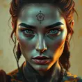 Colorful portrait of a tattooed Aloy with a grey scale face, 4k, Highly Detailed, Hyper Detailed, Powerful, Artstation, Vintage Illustration, Digital Painting, Sharp Focus, Smooth, Concept Art by Stanley Artgerm Lau, Alphonse Mucha, Greg Rutkowski