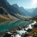 Lake in mountains streams and rivers flow down slopes of mountains and rocks into the valley spring in mountains, 8k, Award-Winning, Highly Detailed, Beautiful, Octane Render, Unreal Engine, Radiant, Volumetric Lighting by Greg Rutkowski