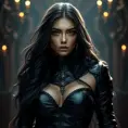 Alluring matte full body portrait of a beautiful Irelia wearing black leather, 8k, Highly Detailed, Intricate, Realistic, Sharp Focus, Volumetric Lighting, Fantasy, Elegant by Stanley Artgerm Lau, WLOP