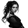 Alluring black and white matte portrait of a beautiful Yennefer with a white background in a black dress, 8k, Highly Detailed, Intricate, Half Body, Realistic, Sharp Focus, Volumetric Lighting, Fantasy, Elegant by Stanley Artgerm Lau