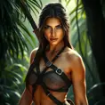 Alluring full body portrait of a beautiful Lara Croft in the jungle getting ready for battle, 8k, Highly Detailed, Intricate, Photo Realistic, Sharp Focus, Volumetric Lighting, Fantasy, Elegant