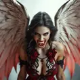 A beautiful fierce winged romanian vampire woman with fangs, red eyes, Intricate Details, Masterpiece, Full Body, Gothic, Photo Realistic, Deviantart, Volumetric Lighting