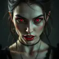 A beautiful romanian vampire woman with penetrating red bright eyes, long fangs, perfect face, 8k, Hyper Detailed, Intricate Details, Masterpiece, Contemporary, Full Body, Trending on Artstation, Gothic, Deviantart, Concept Art by Stefan Kostic