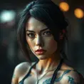 Matte portrait of Cassandra Cain with tattoos, 8k, Highly Detailed, Alluring, Artstation, Bokeh effect, Sharp Focus, Volumetric Lighting, Concept Art by Stanley Artgerm Lau, Greg Rutkowski