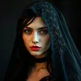 A beautiful veiled Yennefer wearing a lacy black veil, perfect face, Intricate, Half Body, Volumetric Lighting